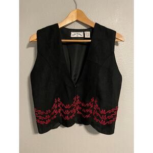 Vintage Side Saddle Vest Womens Small Black Wool Embroidered Western Cowgirl